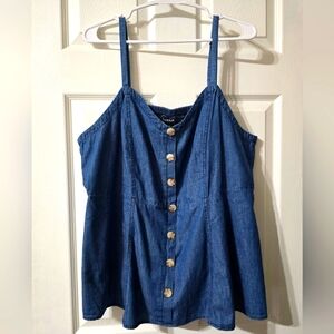 NWT Torrid Fit & Flare Blue Chambray Babydoll Tank Top, Smocked Back, Size 1X.